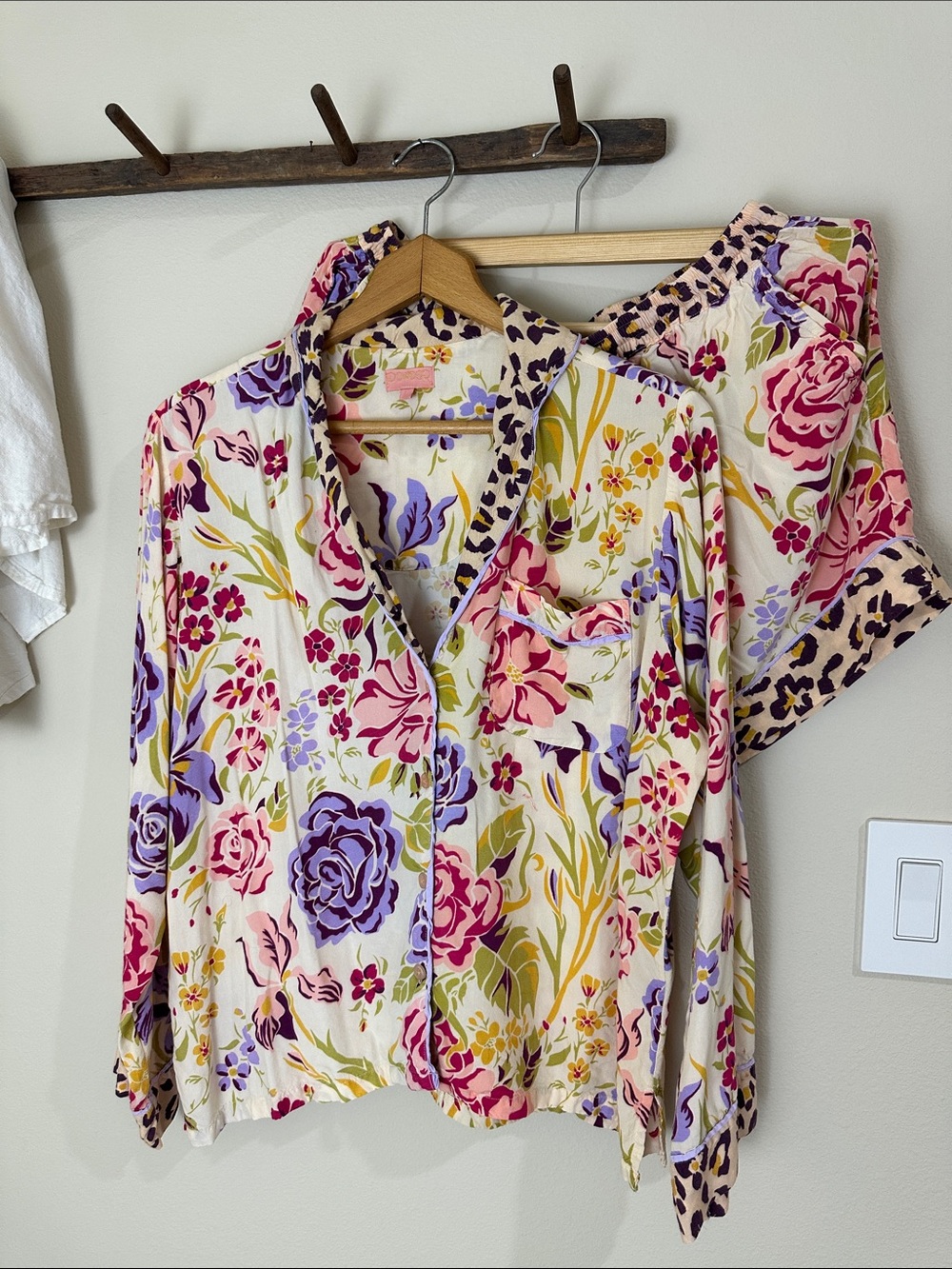 Powder Floral Cream and Leopard TrimWomen’s Pajama Set with Long Sleeves